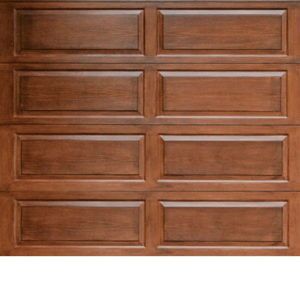 Wood garage door finish illustrating custom design possibilities